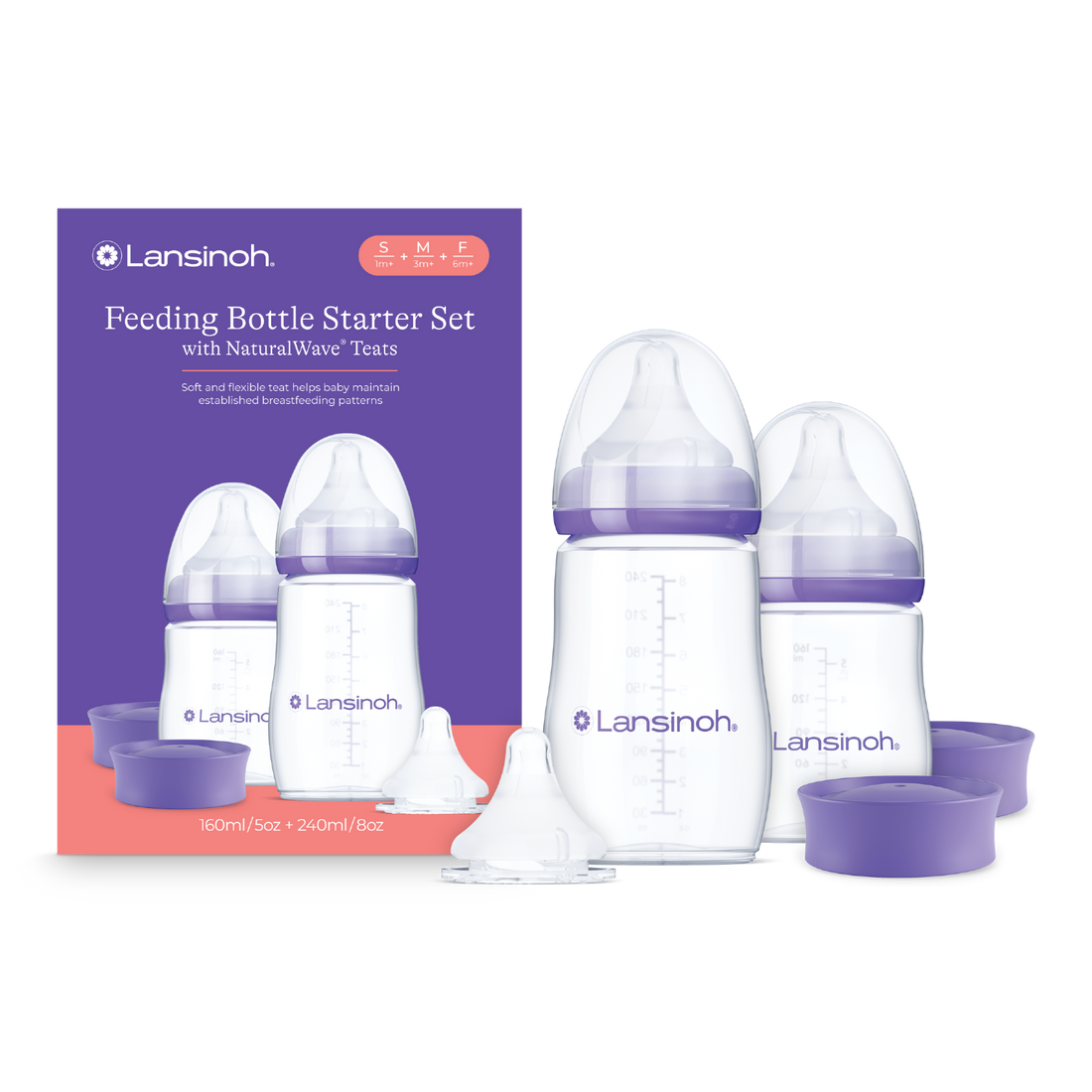 Set bočica za hranjenje Lansinoh feeding bottle set in clear plastic with NaturalWave teats, purple caps